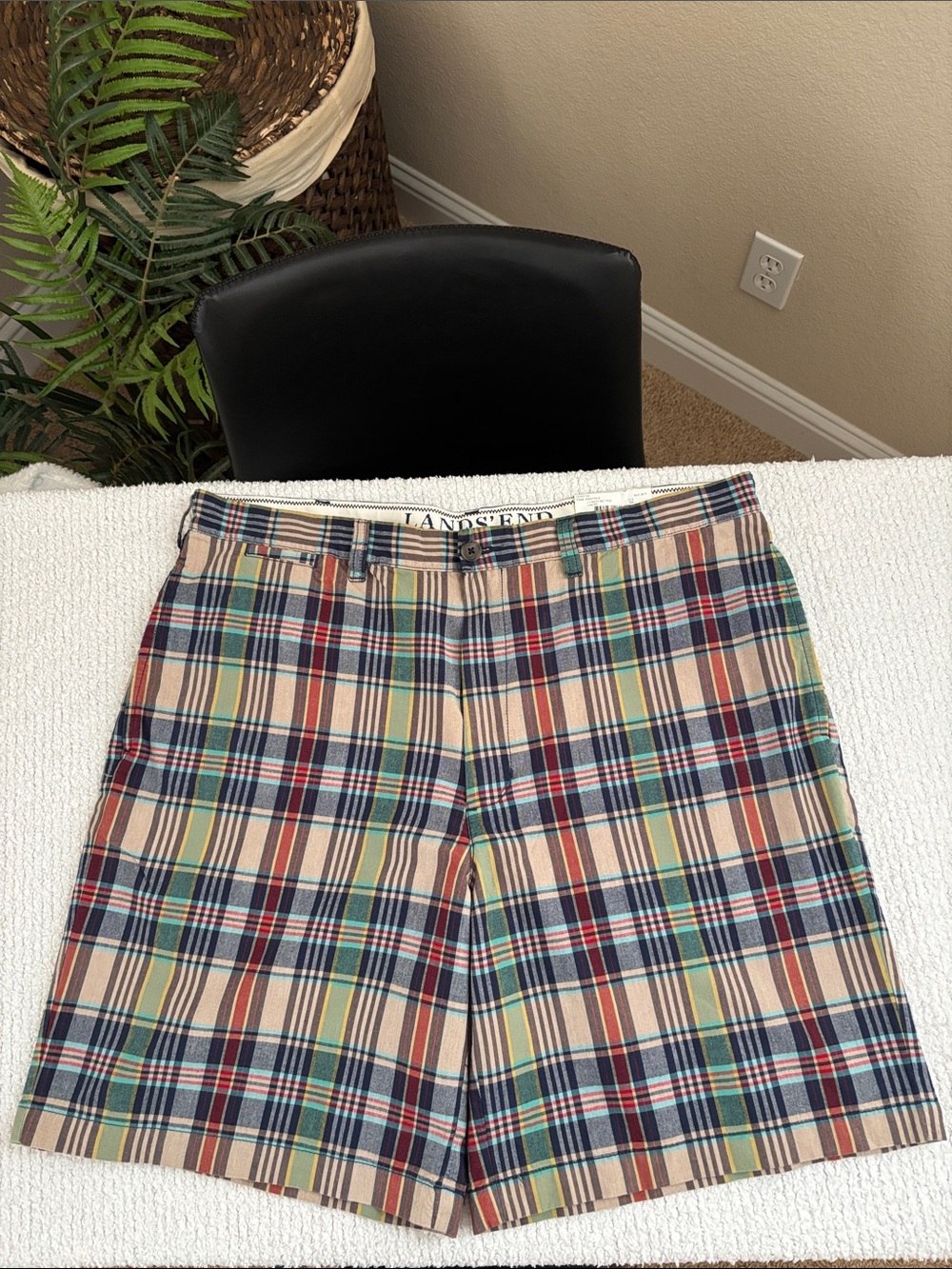 Lands' End Men's Plaid Cotton Shorts - Beige, Blue, Green, Red